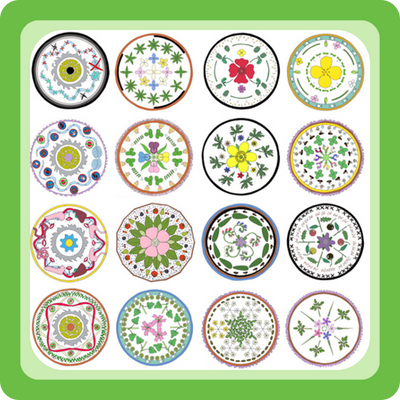 Overzicht van de mandala's van de 16 plantenfamilies die je leert tijdens de cursus Kruiden Leren Kennen van Plantenliefde