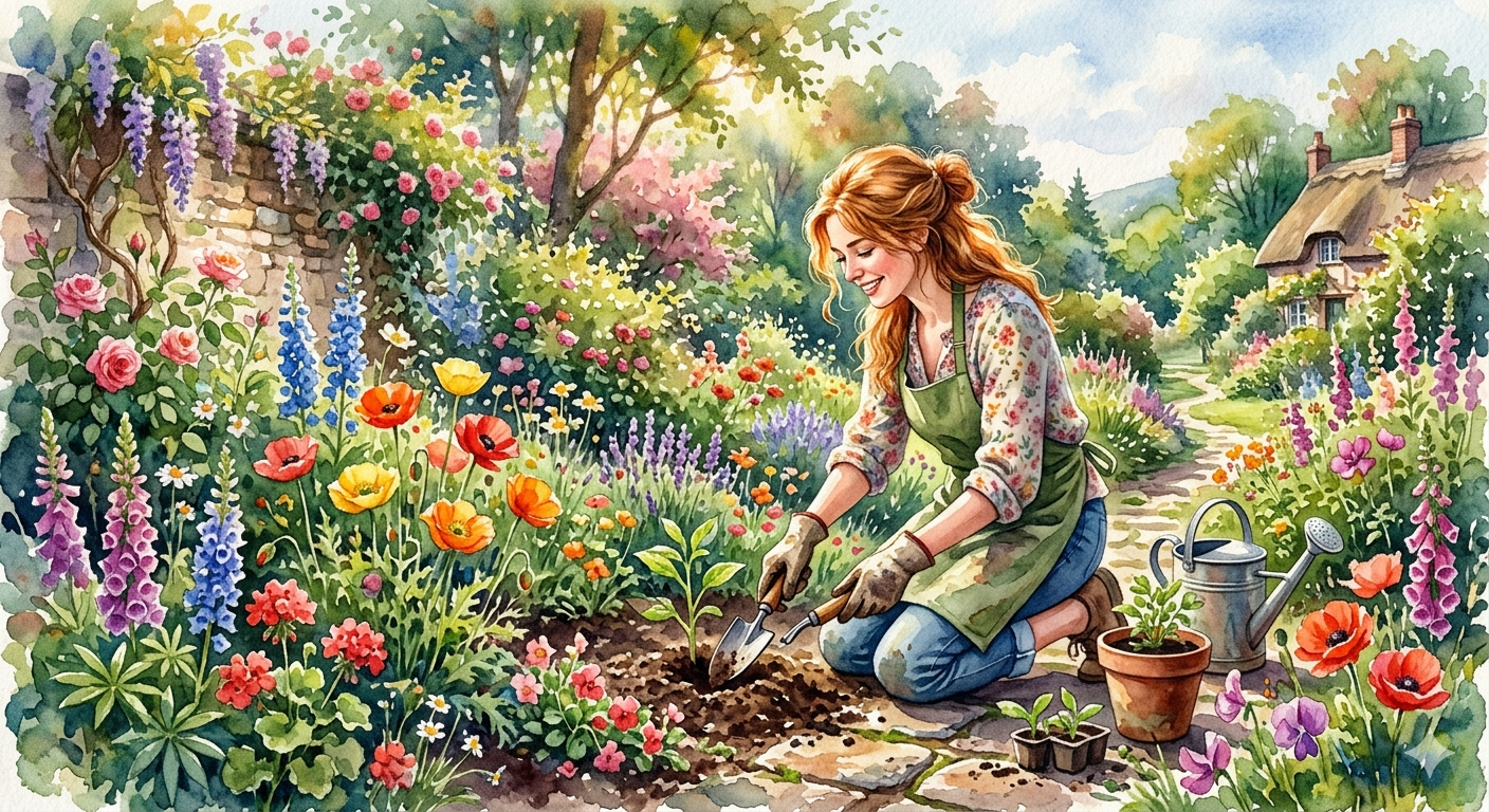 Jonge vrouw tuiniert in de tuin van Plantenliefde