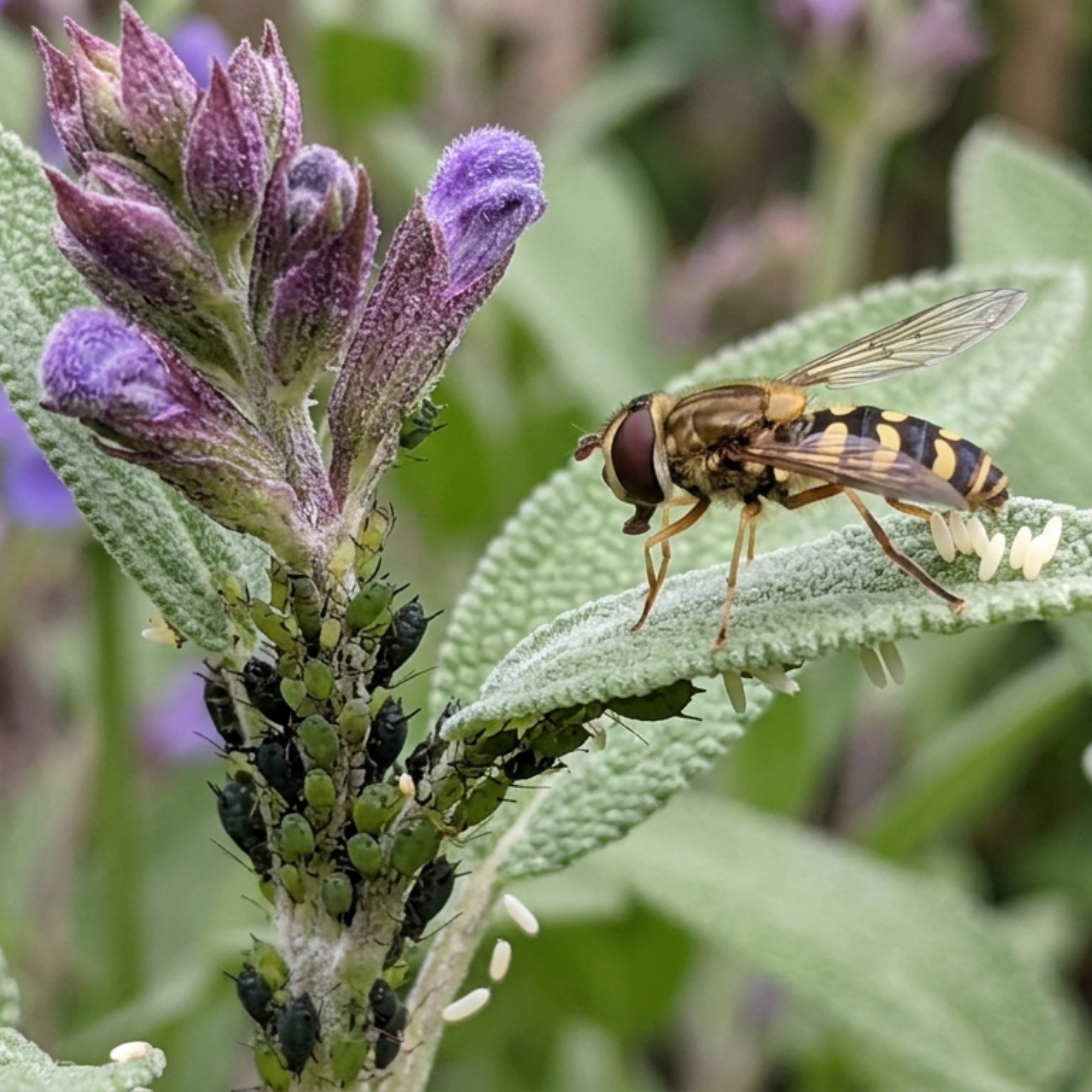 Halvemaanzweefvlieg zet eitjes af op Echte Salie in de Tuin van Plantenliefde
